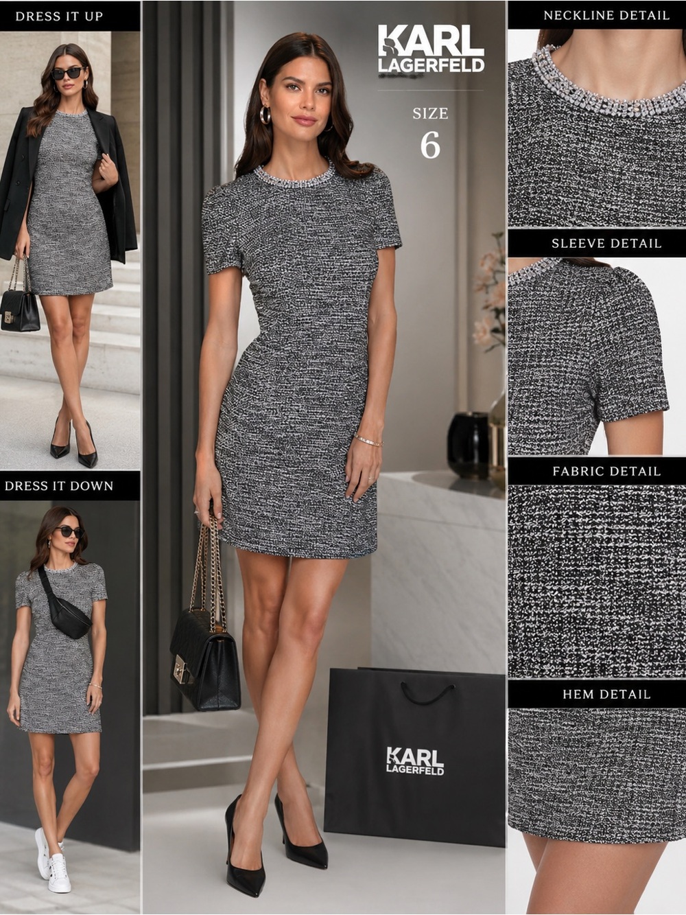 Karl Lagerfeld Black & Gray Tweed Short-Sleeve Sheath Dress